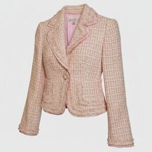 Banana Republic Vintage Pink & Yellow Preppy Fringe Trimmed Tweed Blazer